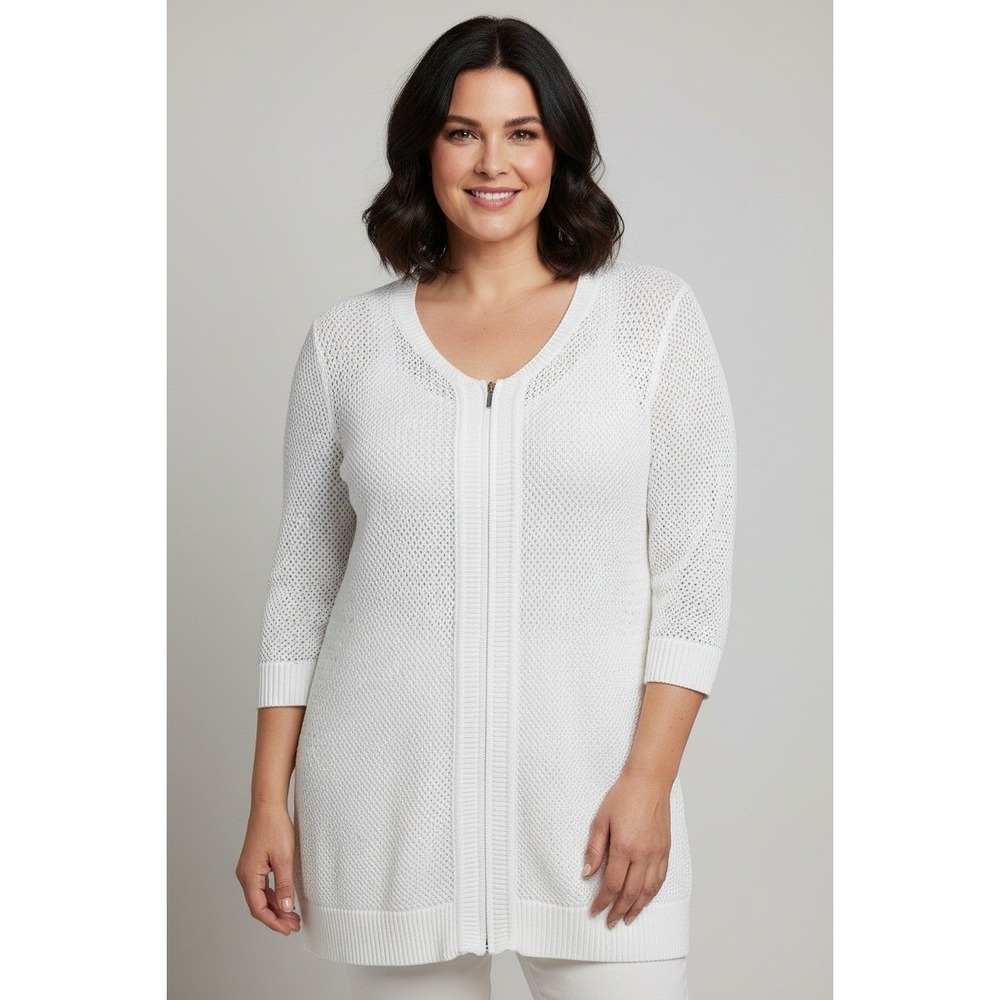 CJ Banks Zip Front Cardigan Women 2X White Open Knit 3/4 Sleeve V-Neck Sweater
